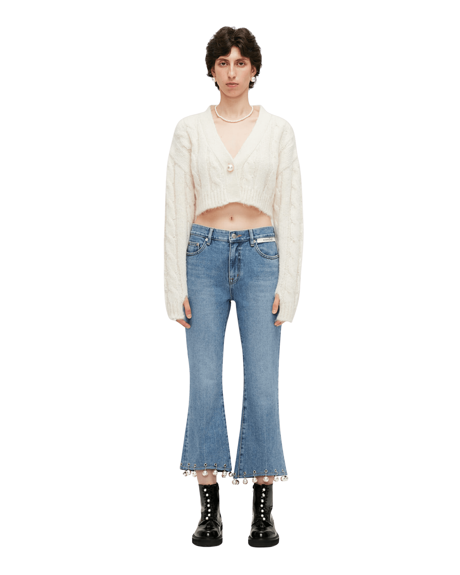 Pearl Trimmed Cropped Denim Pants (Sky Blue)
