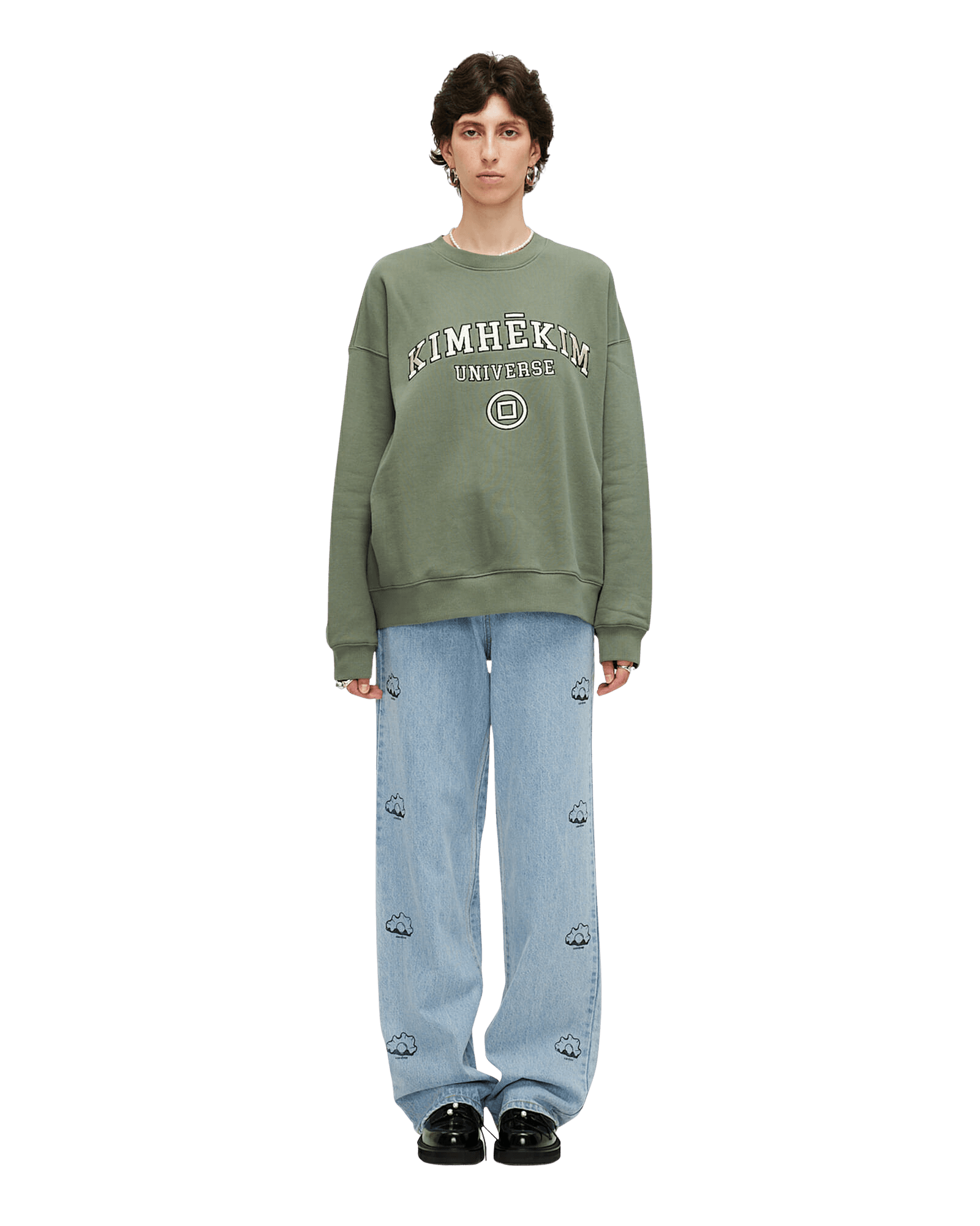 Pearl Stamped Wide Leg Denim Pants (Sky Blue)