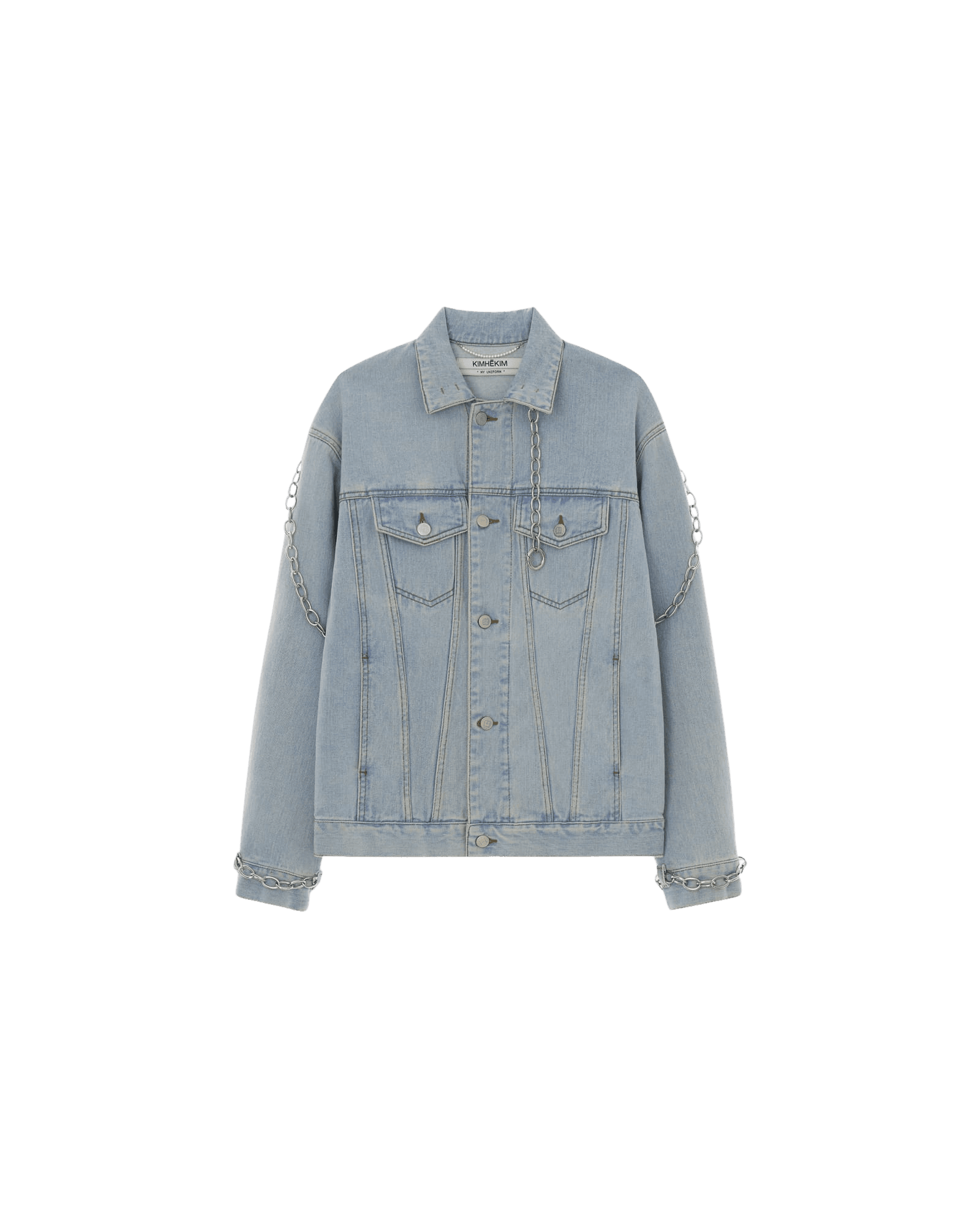 Detachable Chain Embellished Denim Jacket (Sky Blue)