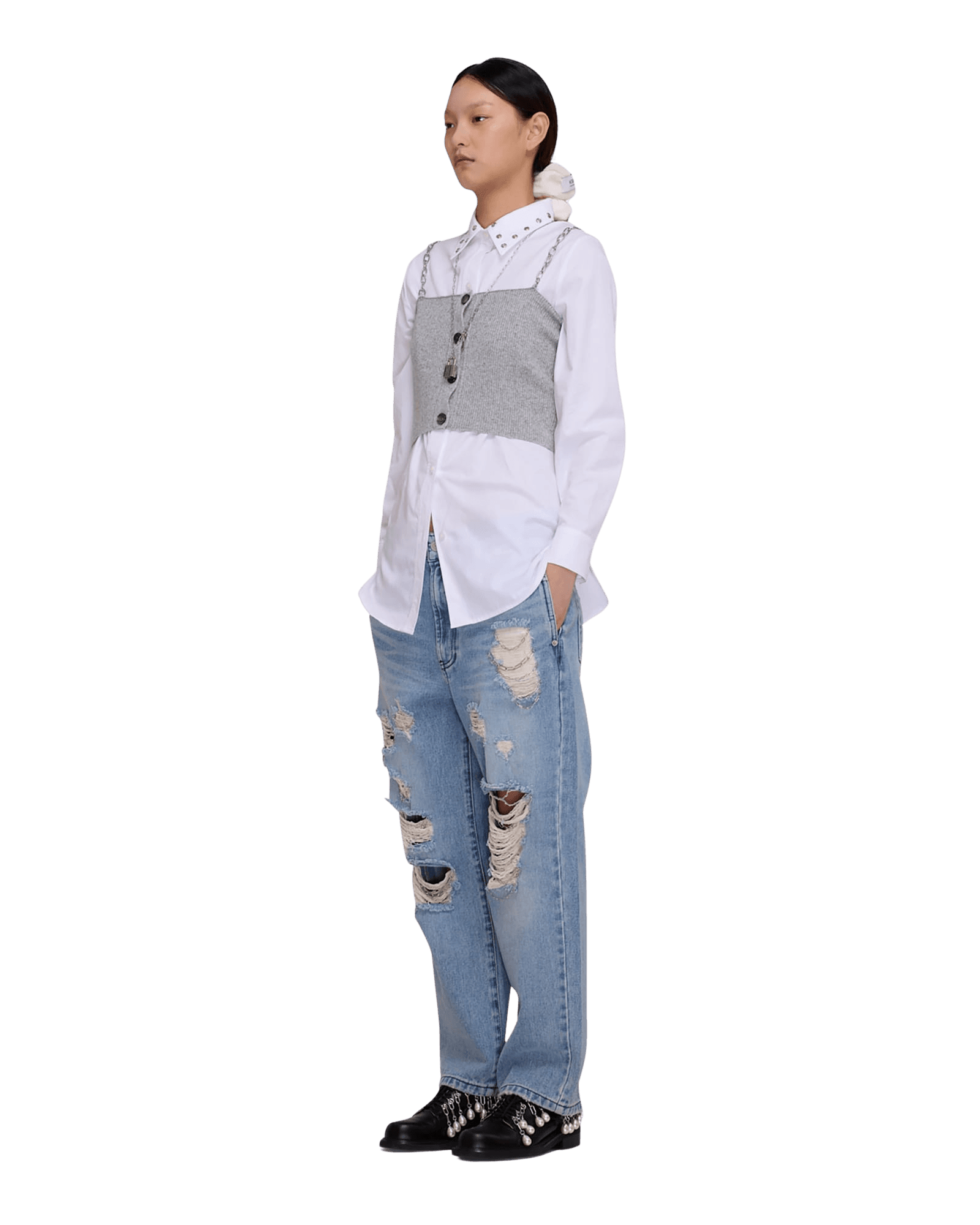 Chain Embellishment Destroyed Jeans (Blue) — vue 2