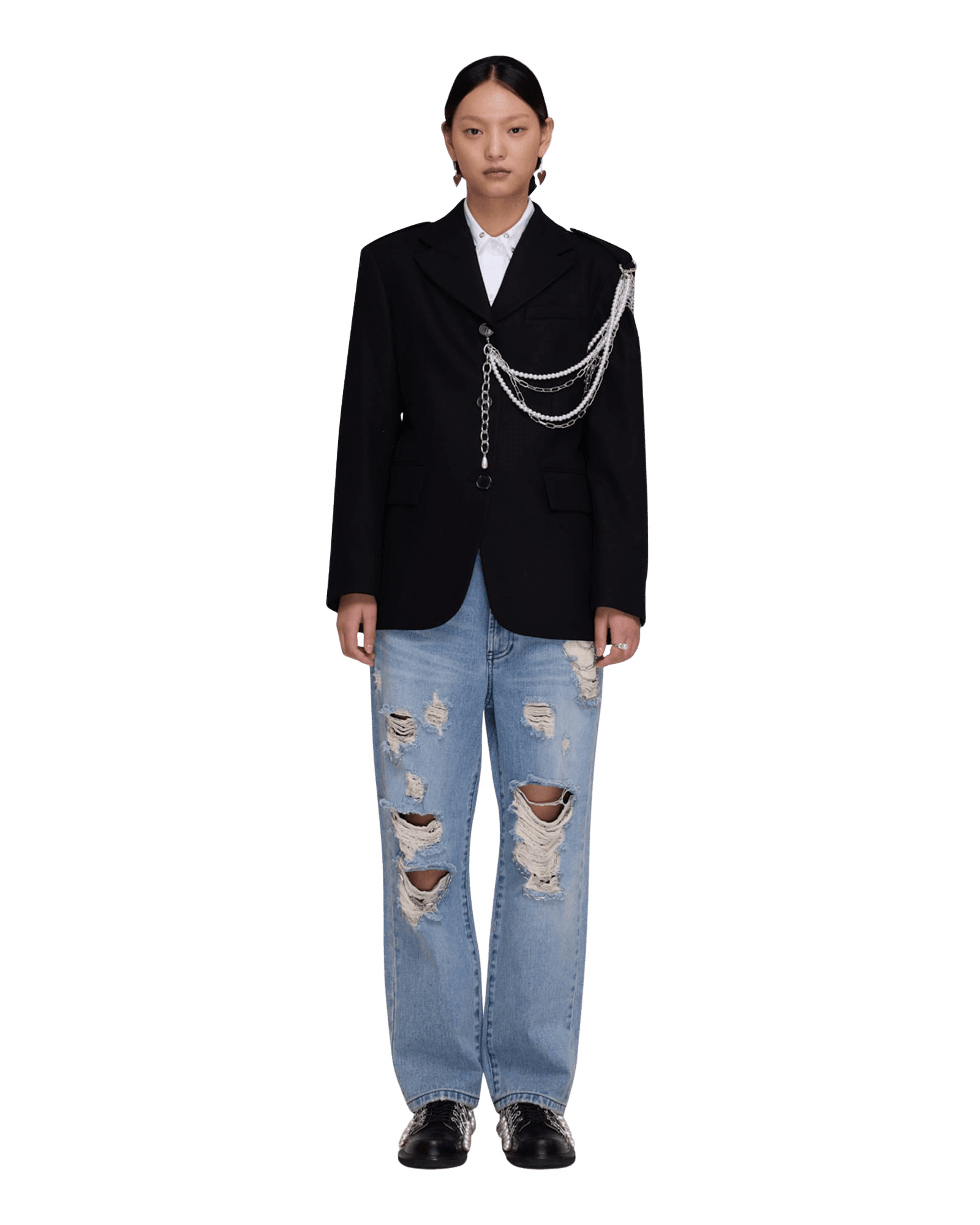 Chain Embellishment Destroyed Jeans (Blue) — vue 6