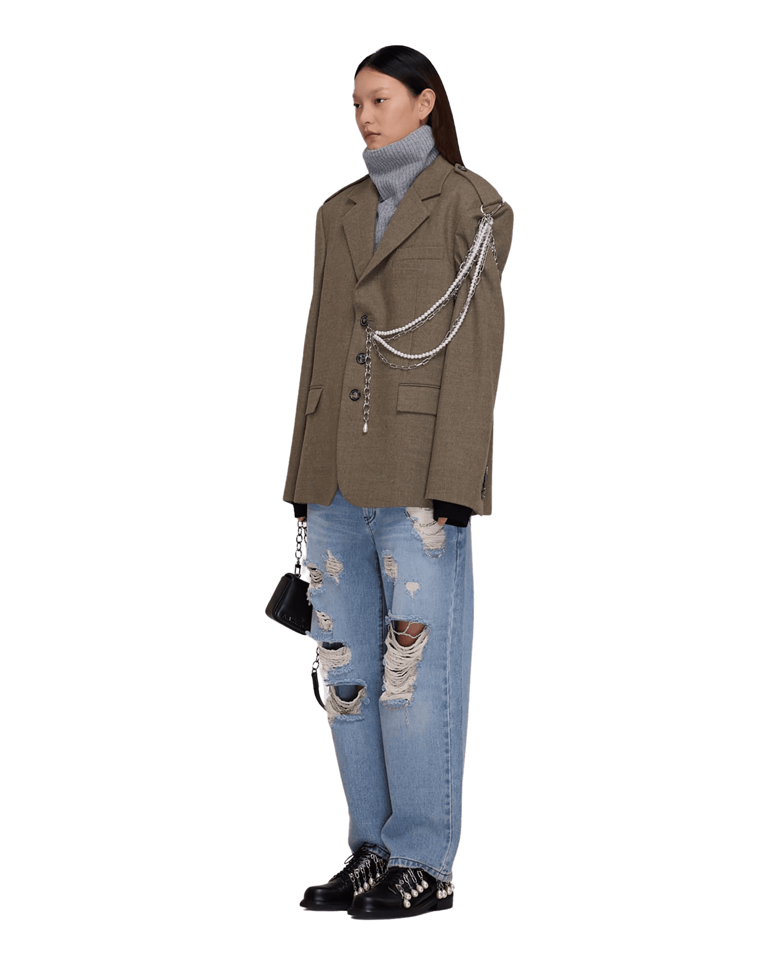 Chain Embellishment Destroyed Jeans (Blue) — vue 7