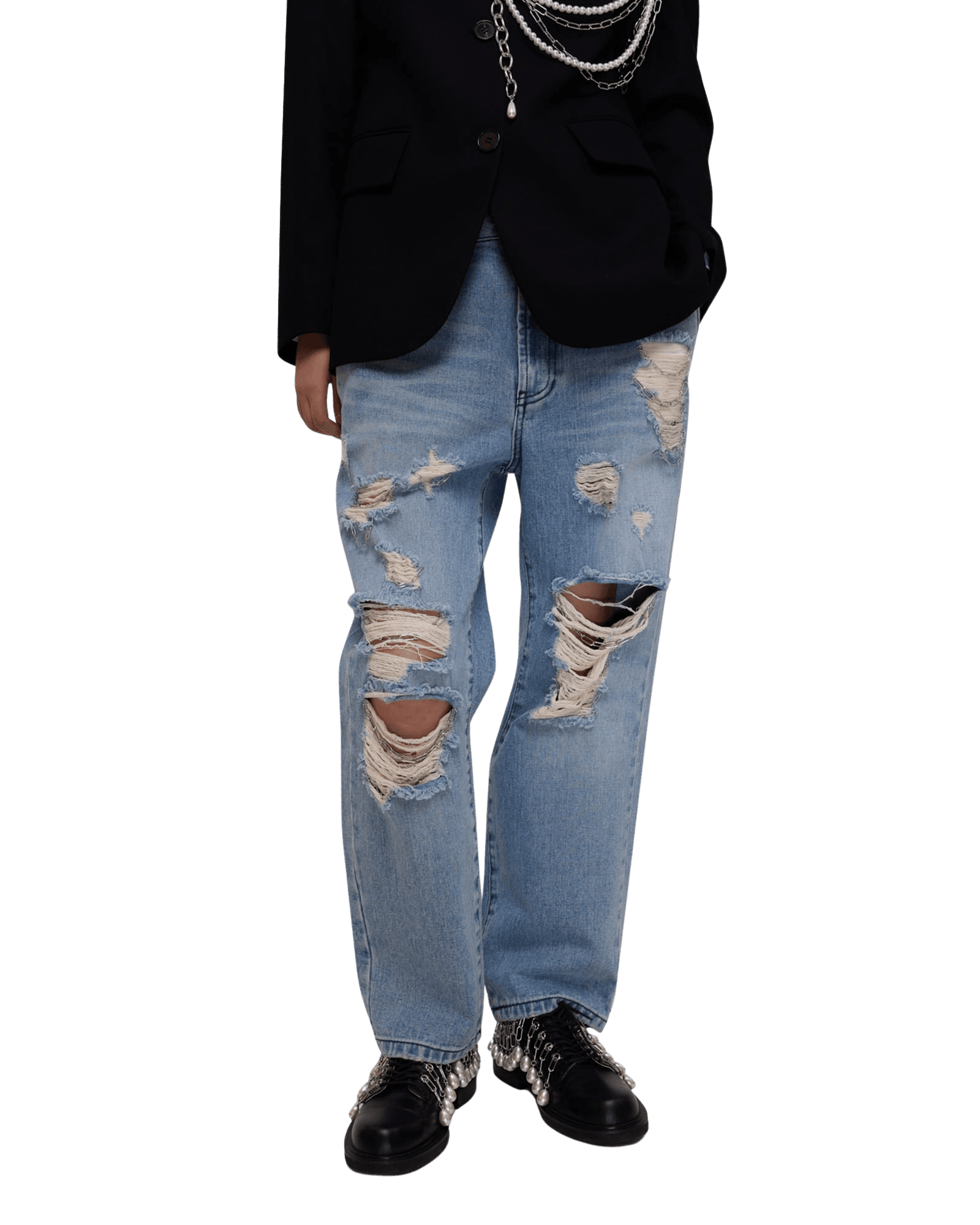 Chain Embellishment Destroyed Jeans (Black) — vue 6