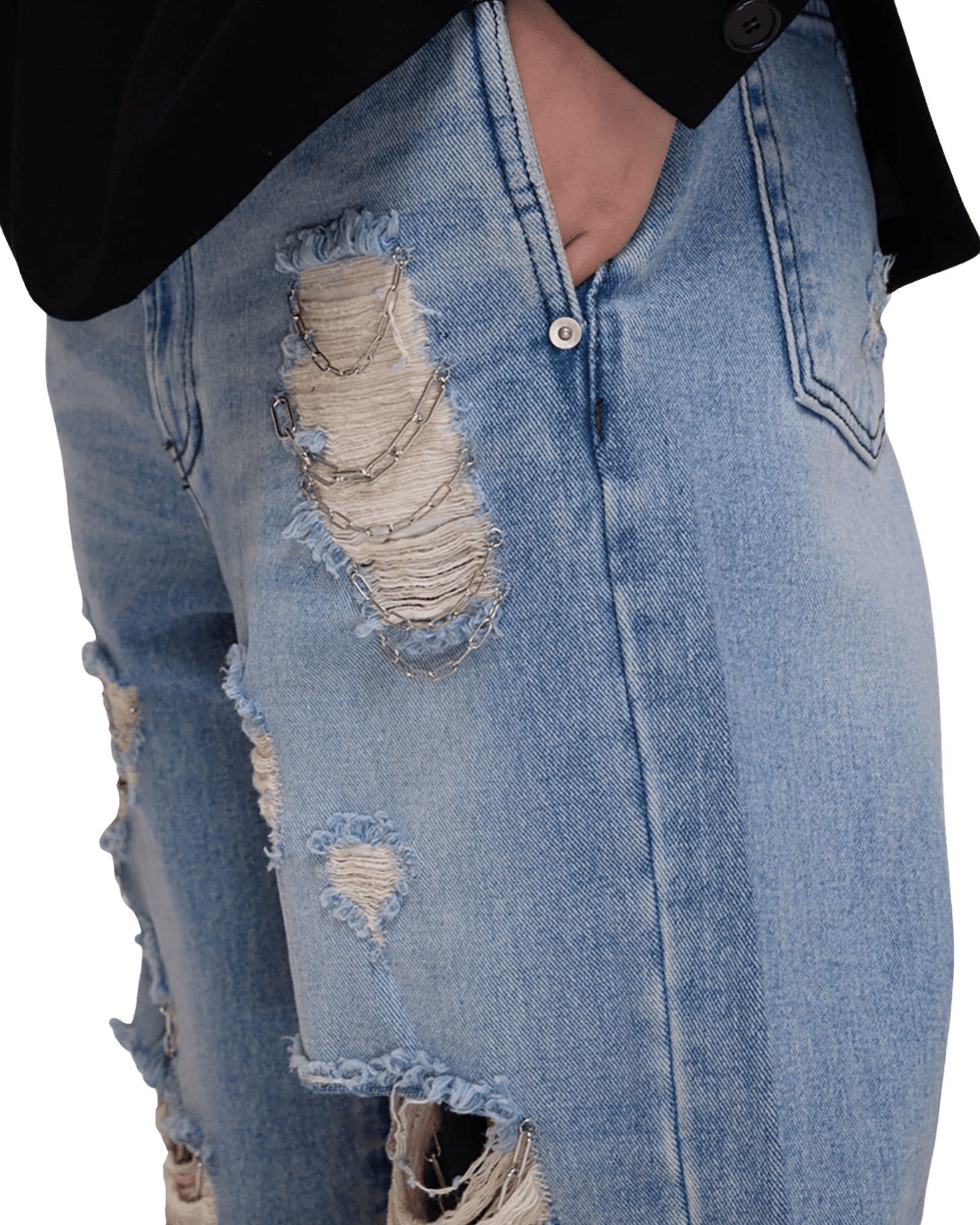 Chain Embellishment Destroyed Jeans (Black) — vue 7