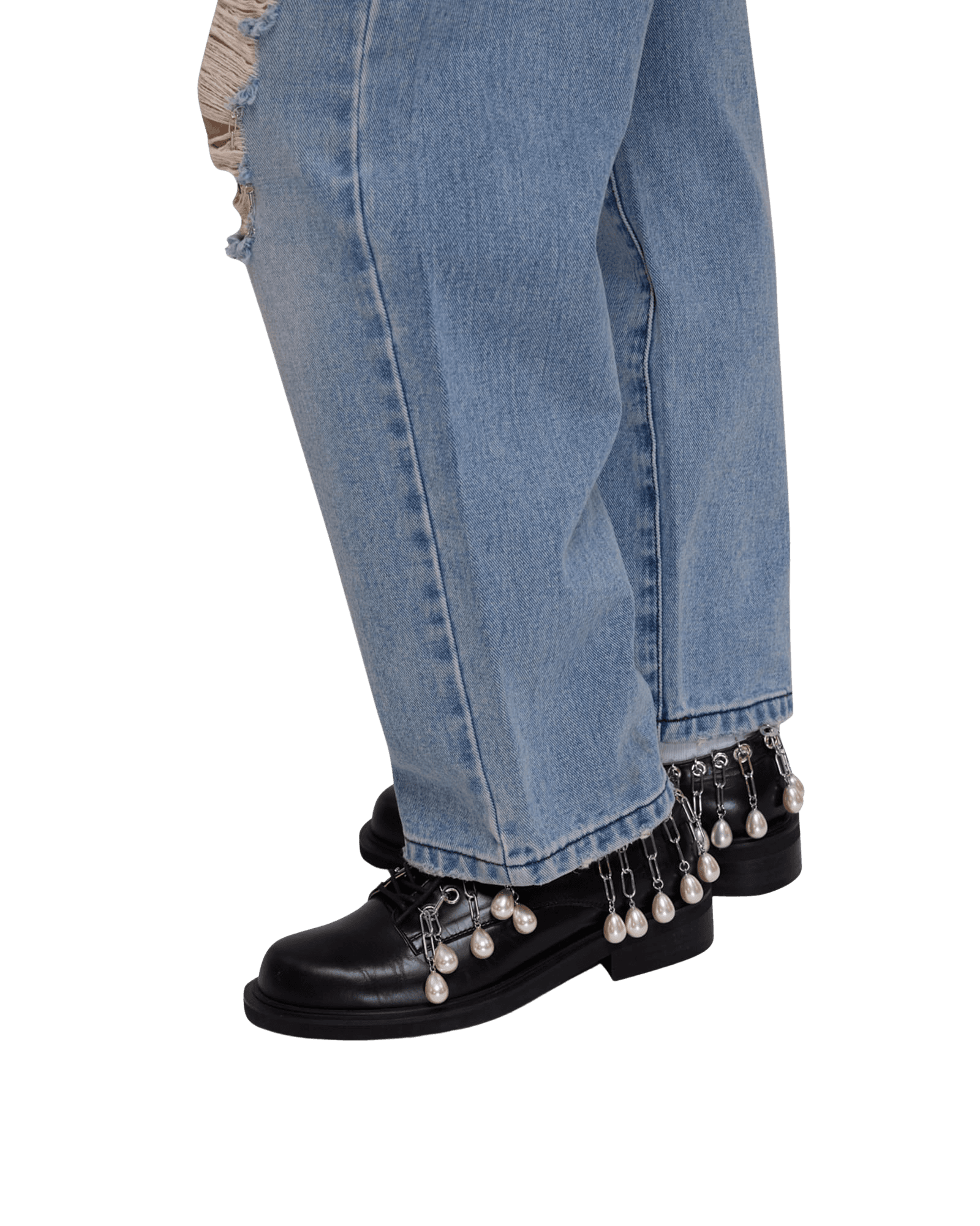 Chain Embellishment Destroyed Jeans (Black) — vue 9