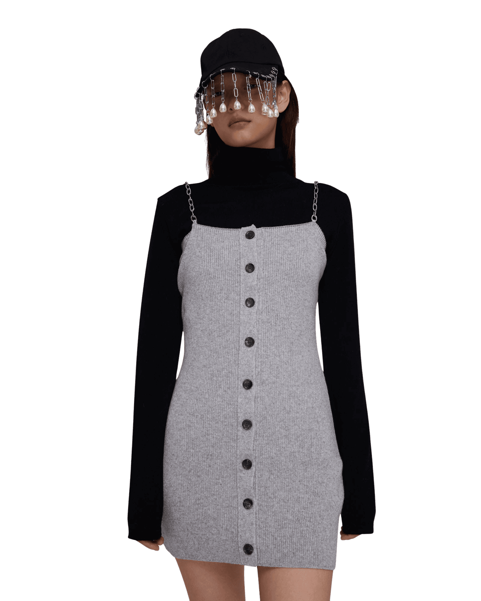 Detachable Chain Strap Wool Knitted Dress (Grey) — vue 5