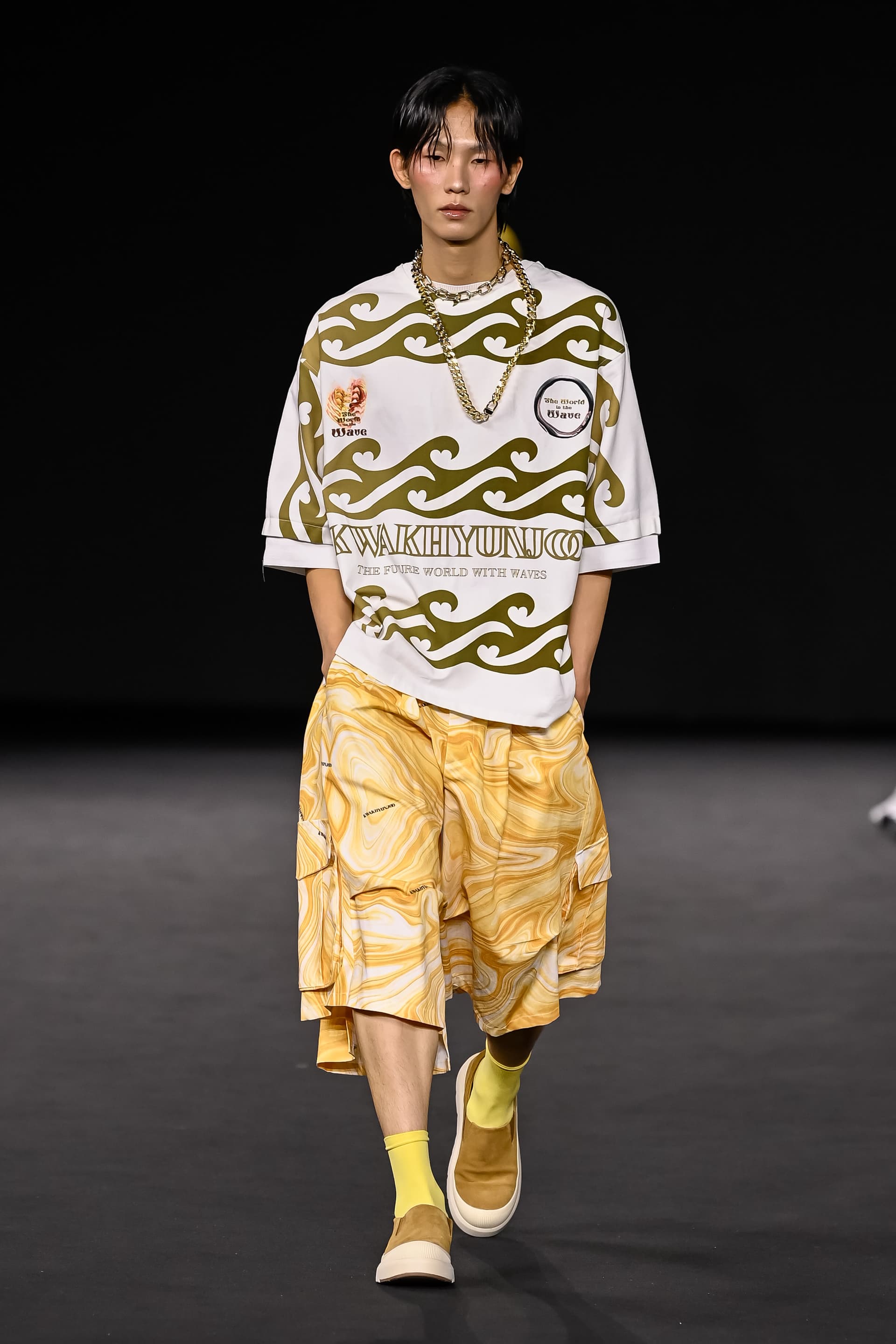 26SS Yellow Wave Printing Crop Pants