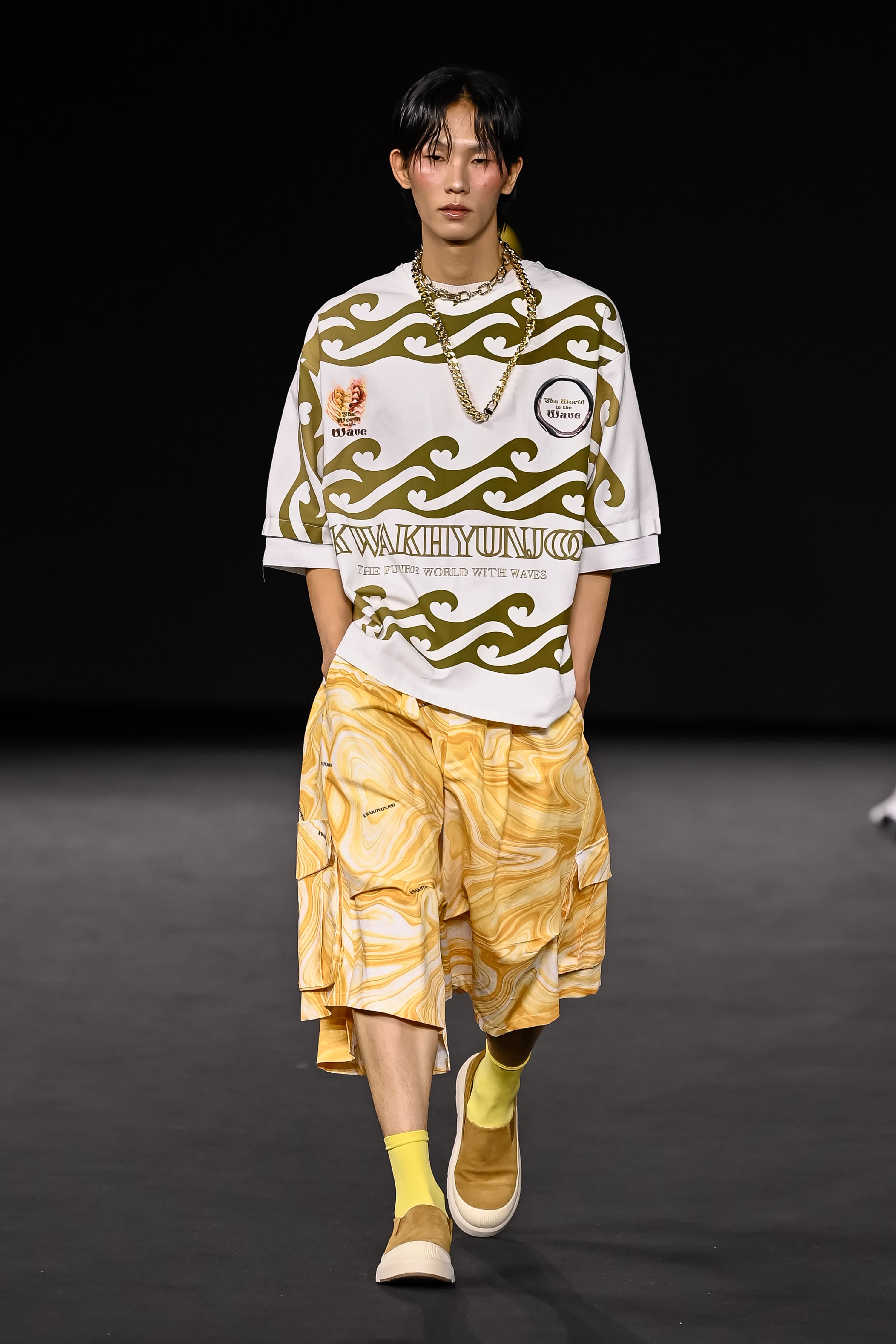 26SS Yellow Wave Printing Crop Pants