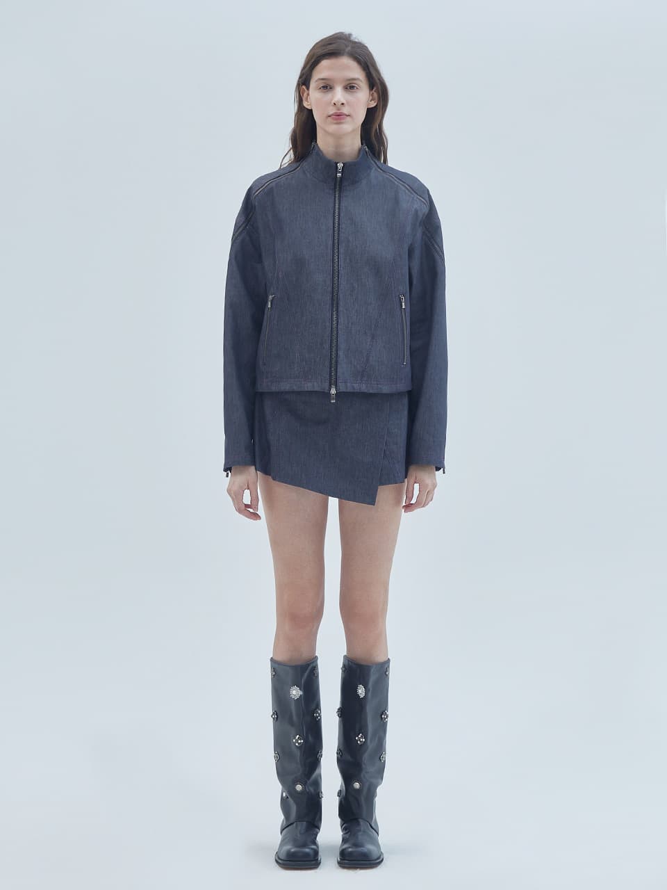 Open Zipper Detail Zip-Up Jacket Navy