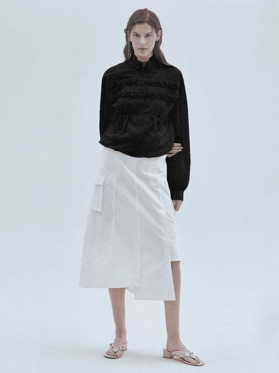 Two-Line Frill Zip-Up Jumper Black