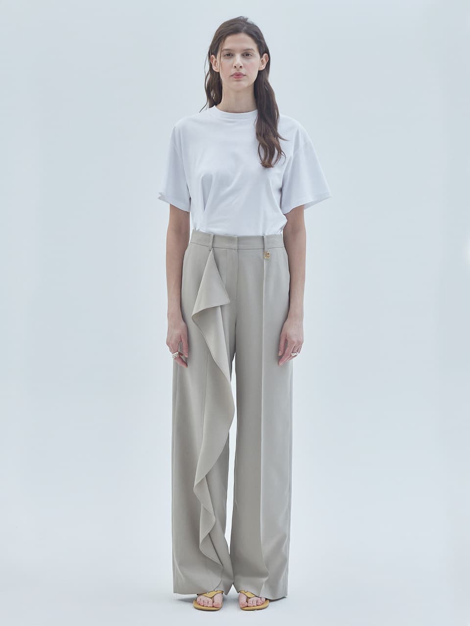 Drape Wrap Wide Slacks Pants Beige