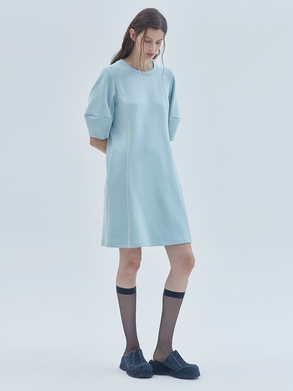 Piping Line Half-Sleeve Mini Dress Mint
