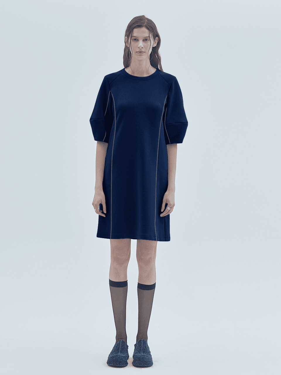 Piping Line Half-Sleeve Mini Dress Navy — vue 1