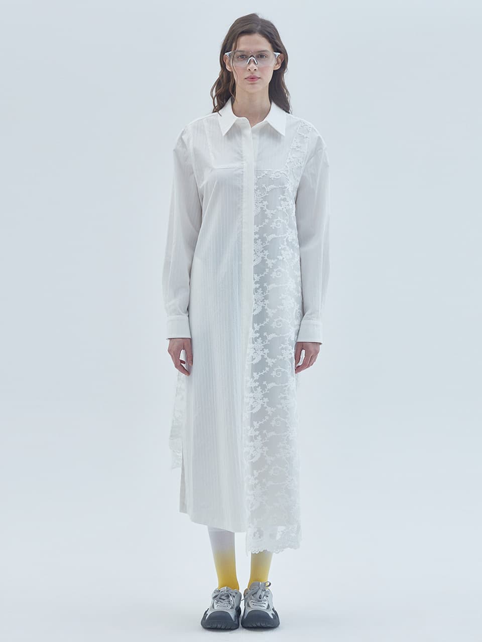 Lace Mix Unbalanced Shirt Long Dress White — vue 1
