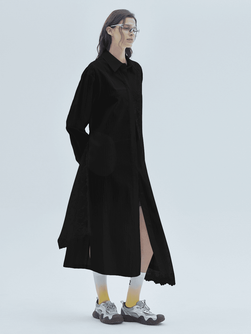 Lace Mix Unbalanced Shirt Long Dress Black