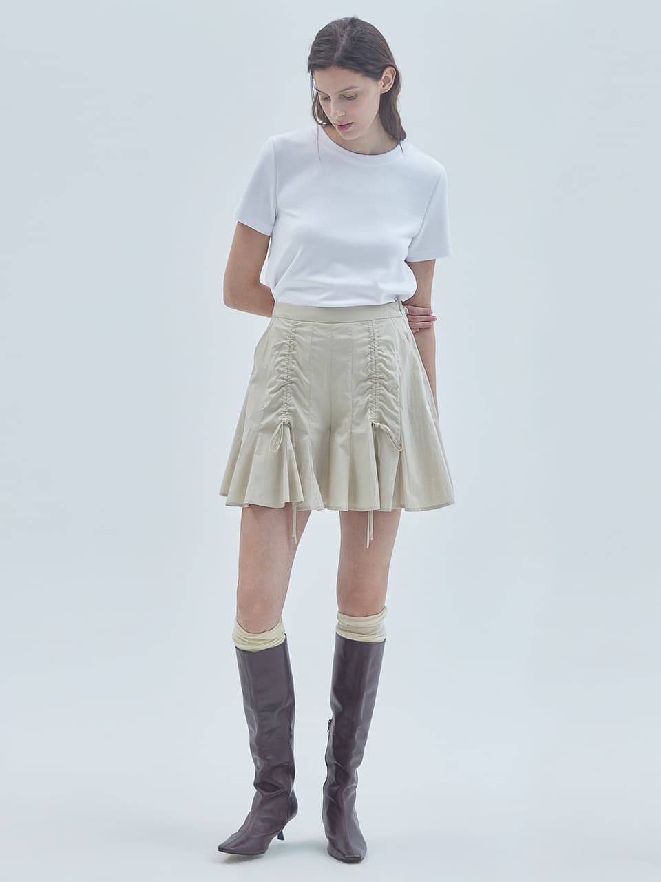 Shirring Detail Flared Skirt Pants Beige — vue 1