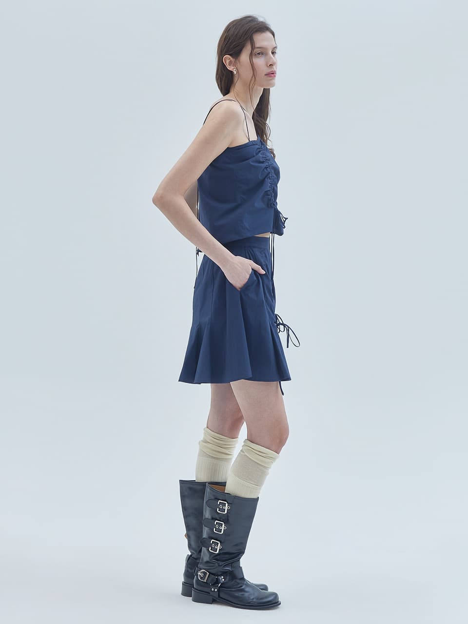 Shirring Detail Flared Skirt Pants Navy