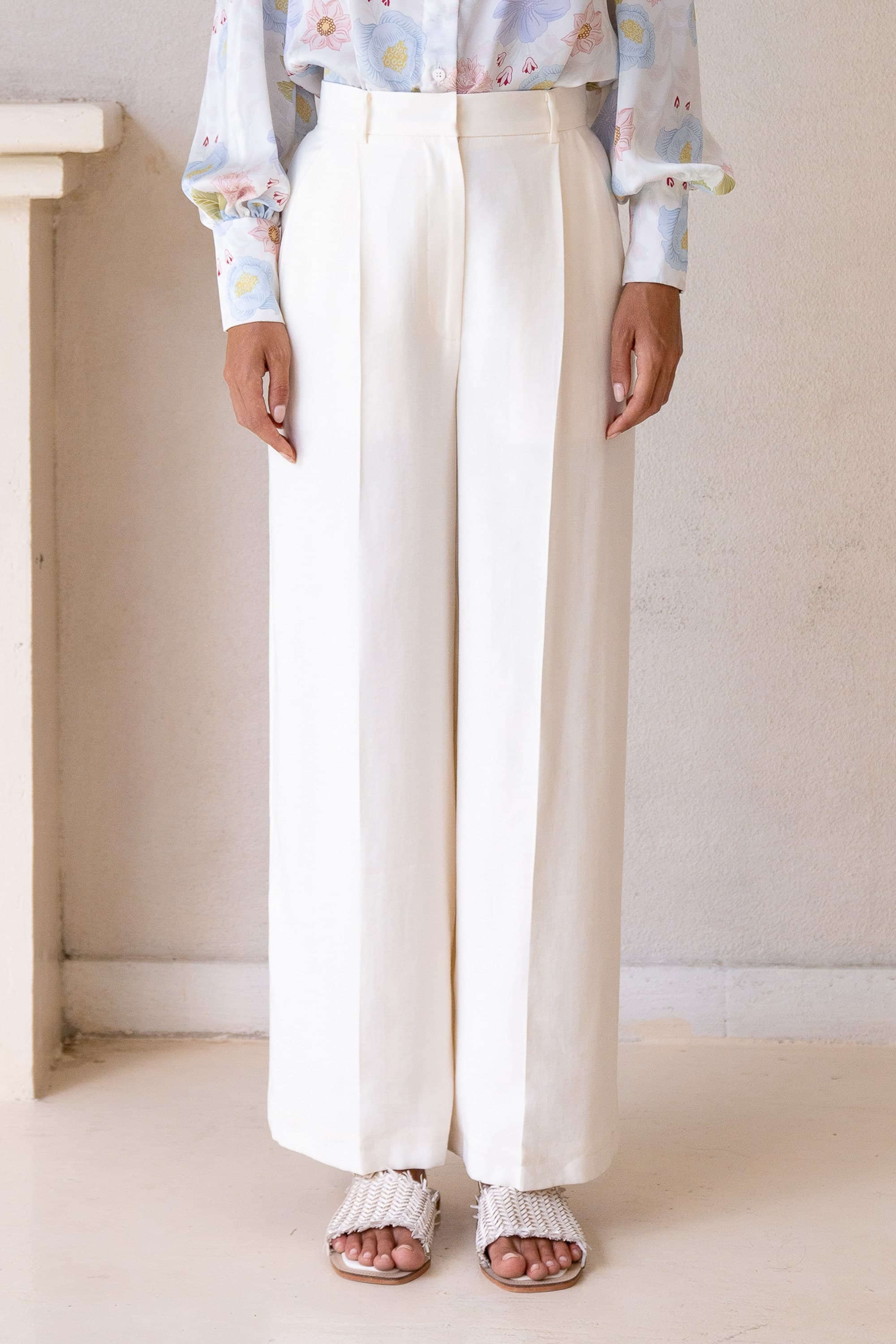Skye Cream Wide-leg Bamboo Pants