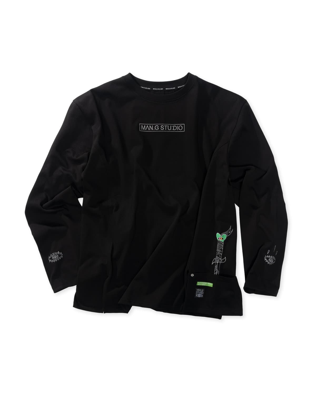 Pocket Point Slit Long Sleeve T-Shirt (Black) — vue 1