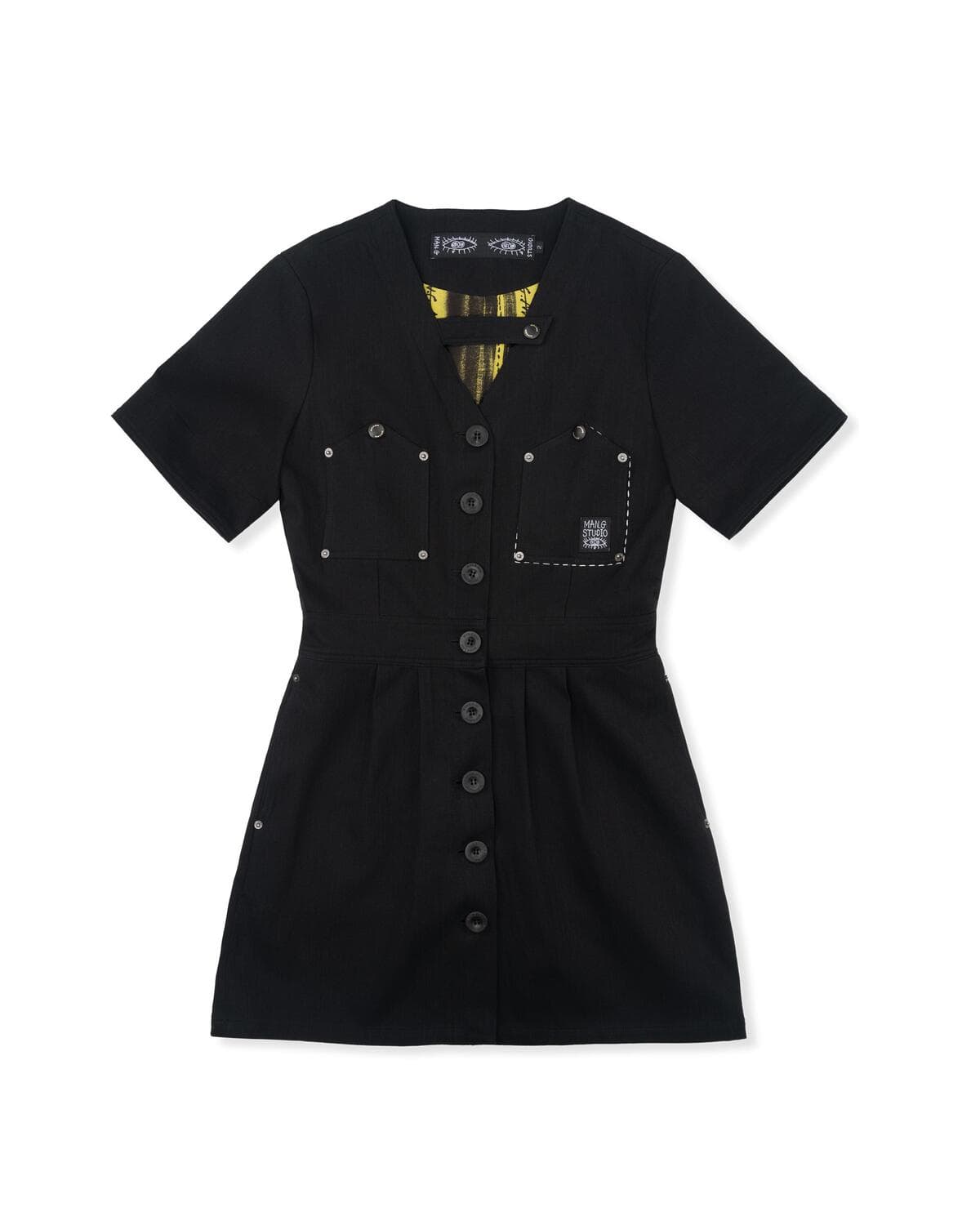 Slub V-neck Tab Dress (Black) — vue 4