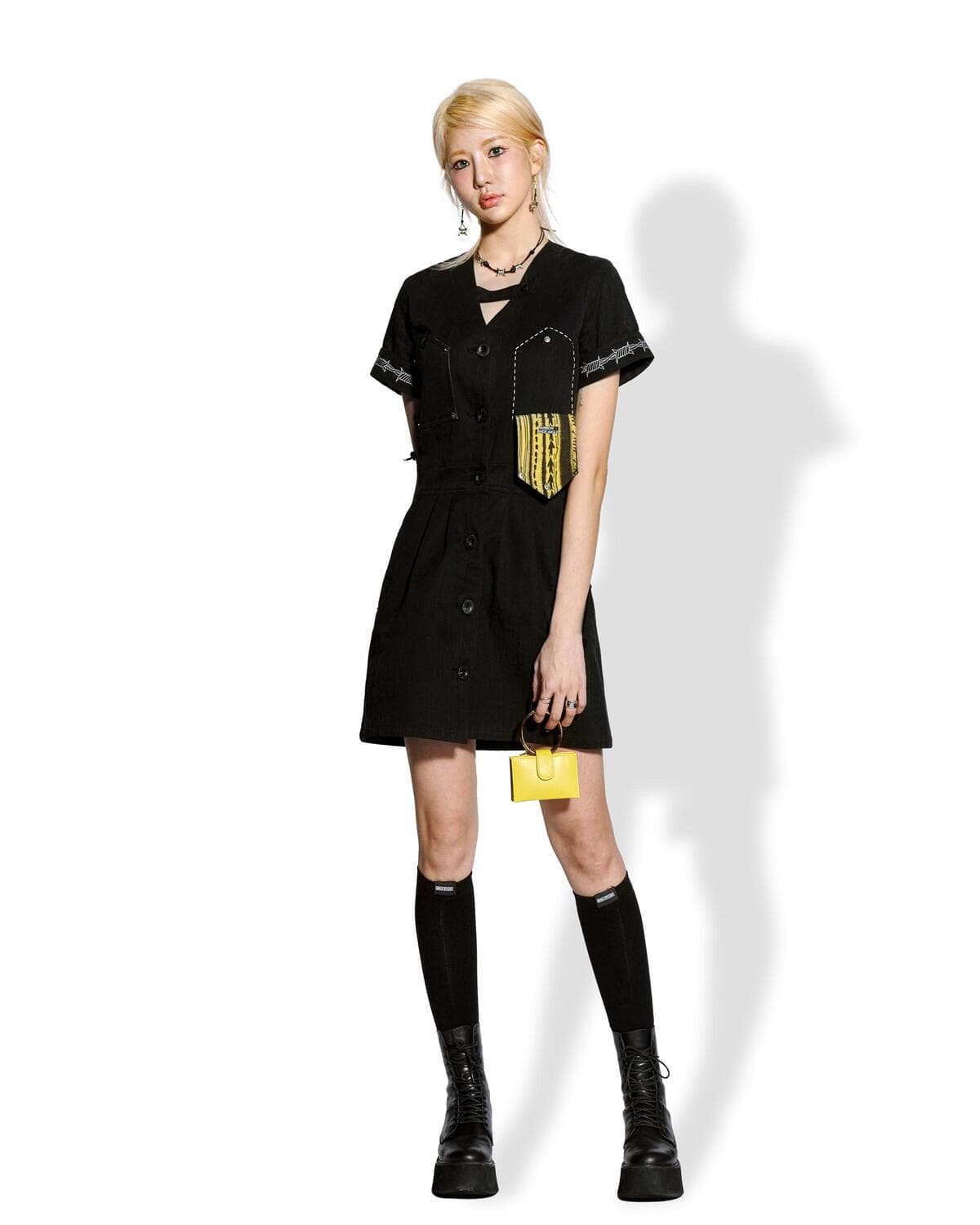Slub V-neck Tab Dress (Black) — vue 6