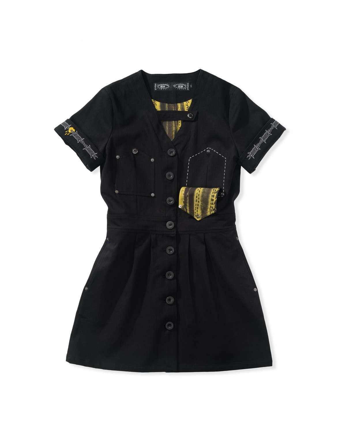 Slub V-neck Tab Dress (Black) — vue 1