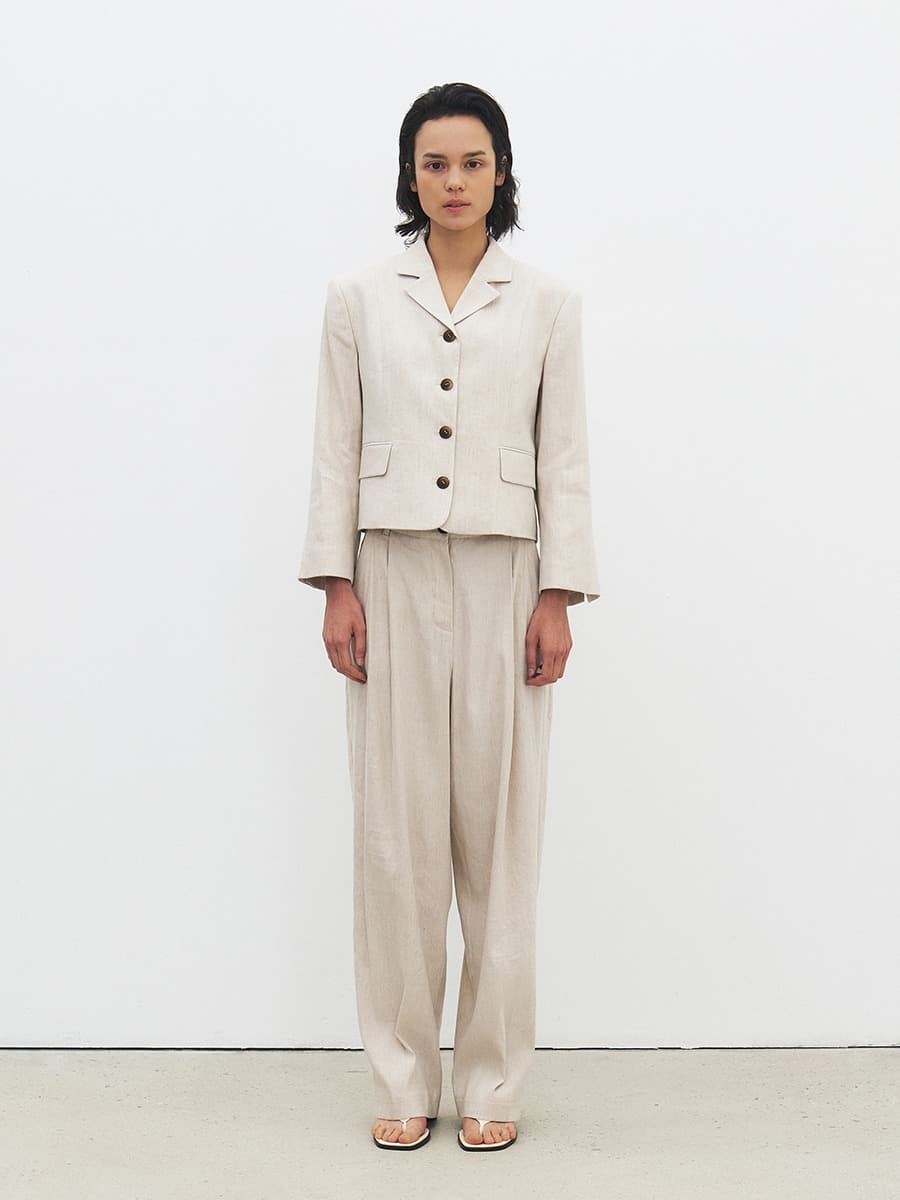 TFR LINEN TWO TUCK SEMI WIDE TROUSERS_OAT BEIGE