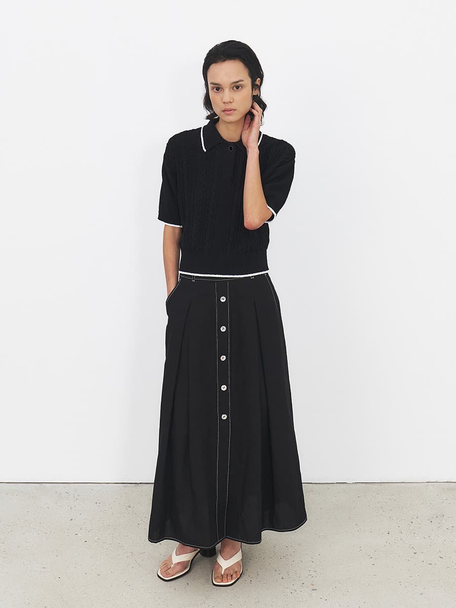 TFR LINEN STITCH BUTTON SKIRT_BLACK