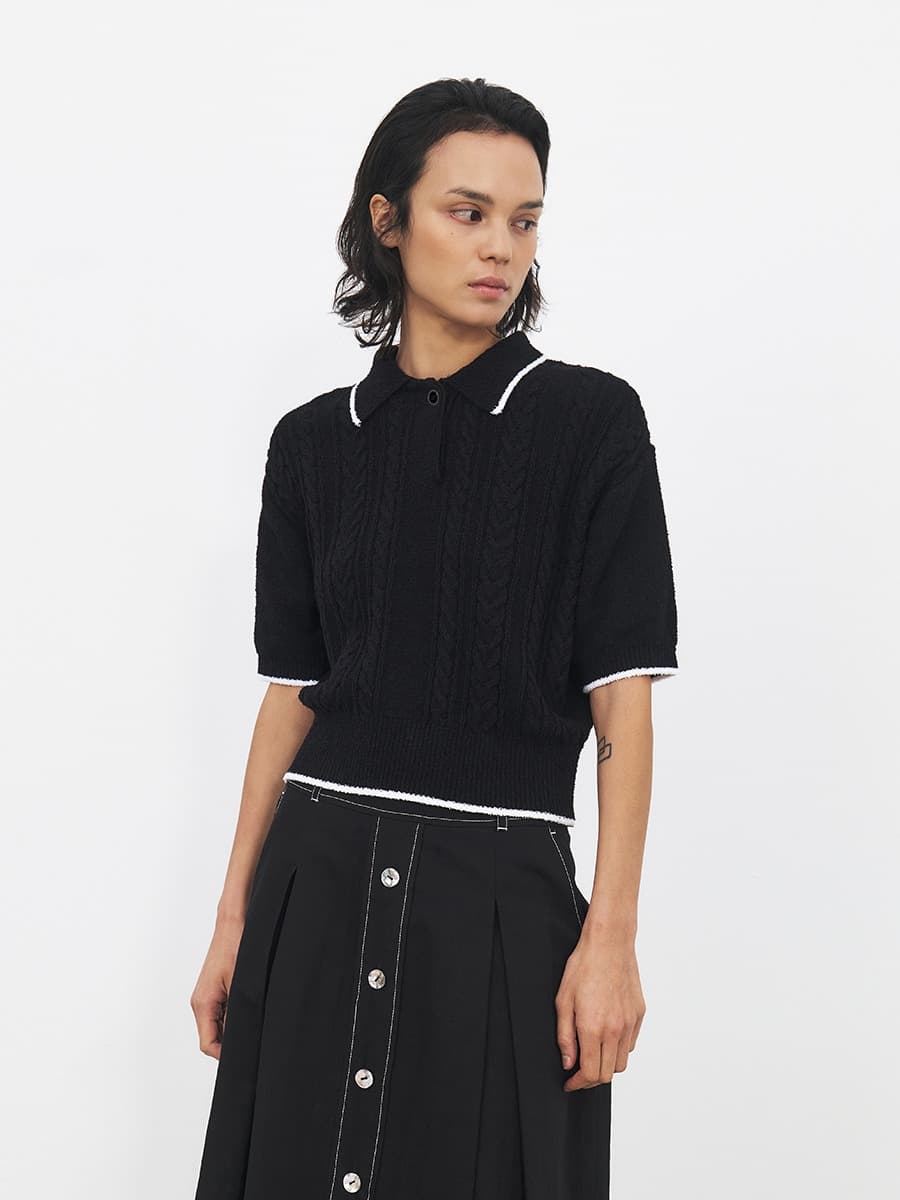 TFR PIQUE COLLAR KNIT TOP_BLACK&IVORY