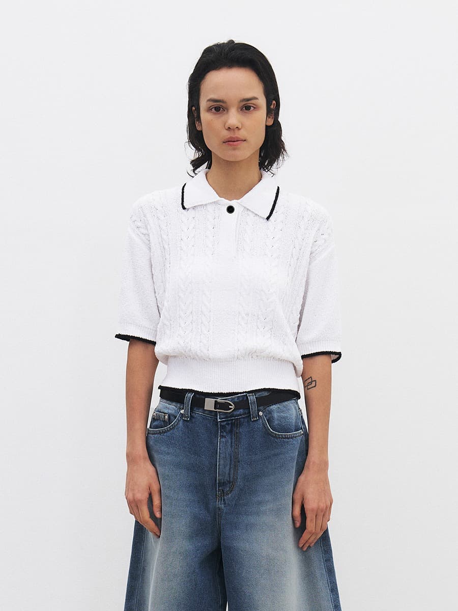 TFR PIQUE COLLAR KNIT TOP_IVORY&BLACK