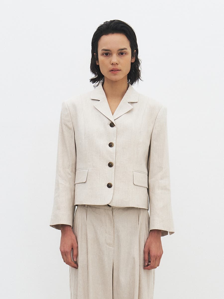 TFR LINEN CROP BLAZER_OAT BEIGE
