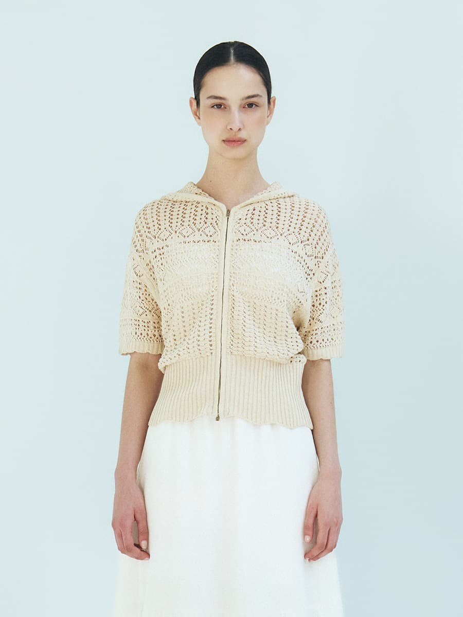 TFR CROCHET HOODED ZIP-UP KNIT TOP_BEIGE