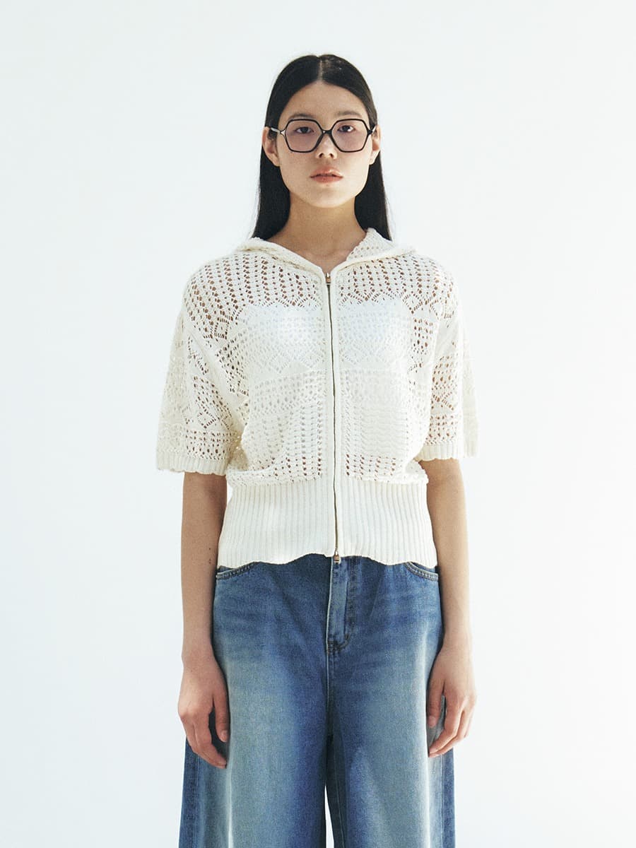 TFR CROCHET HOODED ZIP-UP KNIT TOP_WHITE