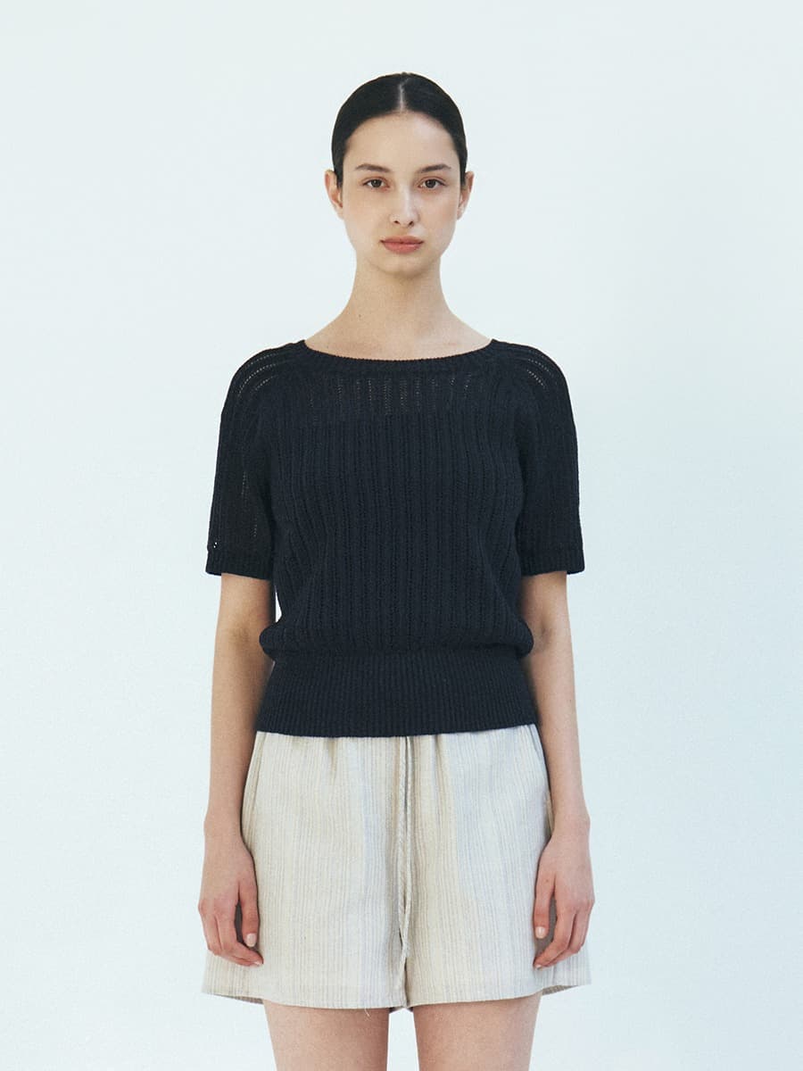 TFR ROUND NECK NETTED KNIT TOP_NAVY