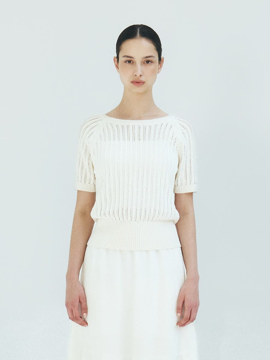 TFR ROUND NECK NETTED KNIT TOP_IVORY