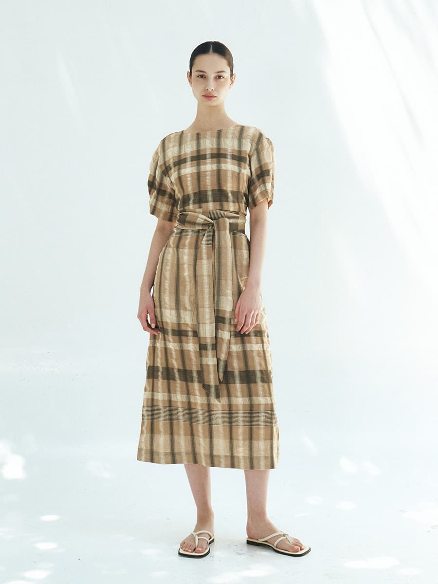 TFR CHECK WAIST TIE DRESS_BEIGE CHECK