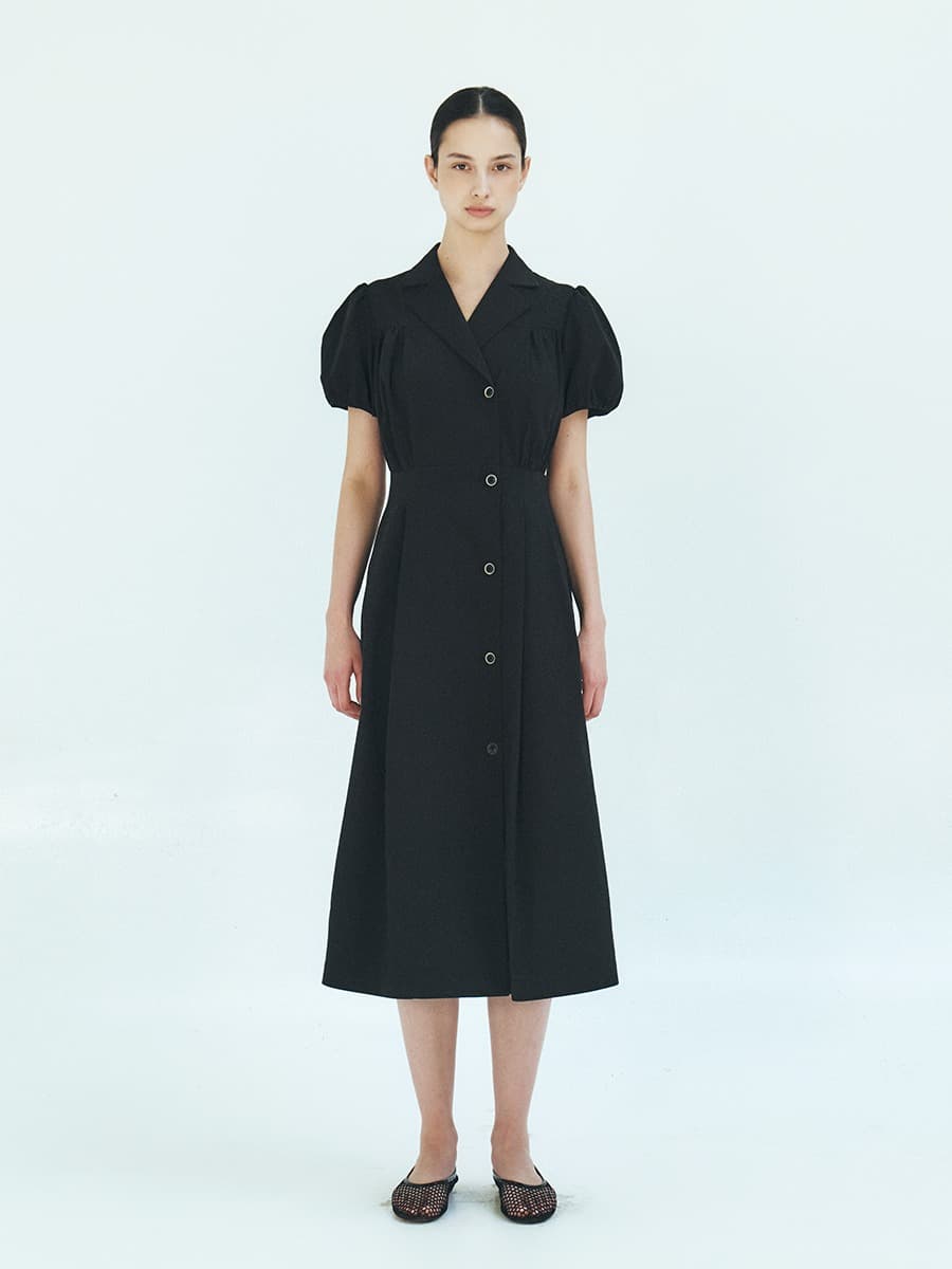 TFR DOUBLE BUTTON SHIRRING DRESS_BLACK