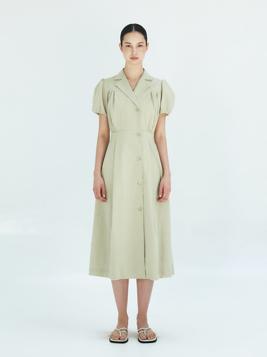 TFR DOUBLE BUTTON SHIRRING DRESS_MINT BEIGE