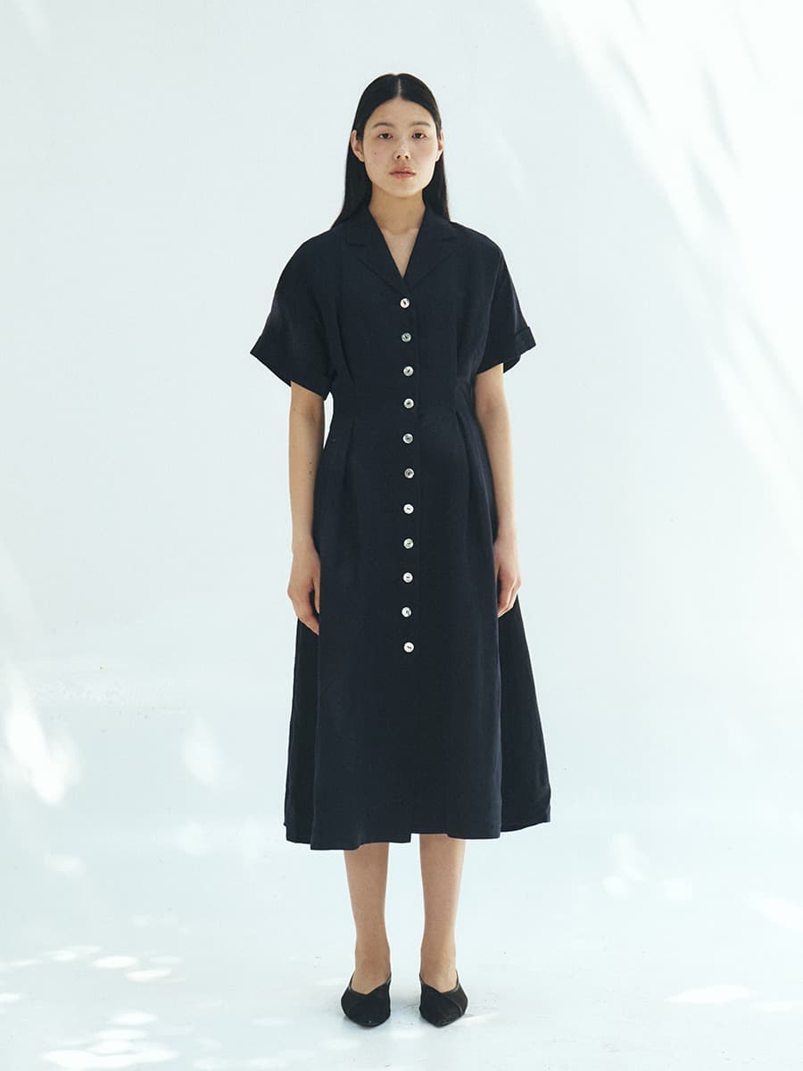 TFR LINEN COLLAR BUTTON DRESS_D-NAVY