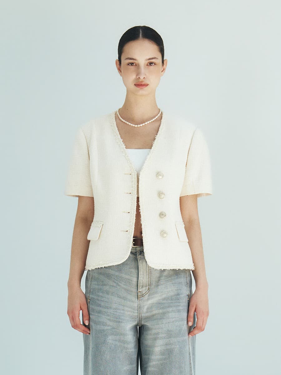 TFR COLLARLESS CROP TWEED JACKET_IVORY