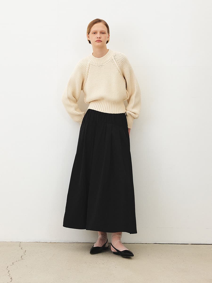 TFF SHIRRING FLARED SKIRT_BLACK