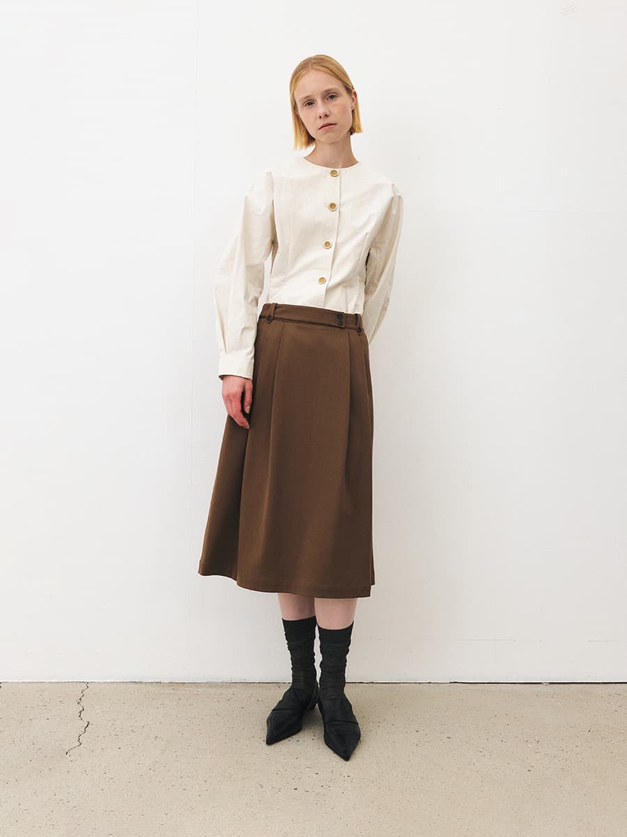 TFF TWO TUCK WOOL FLARE SKIRT_KHAKI BROWN