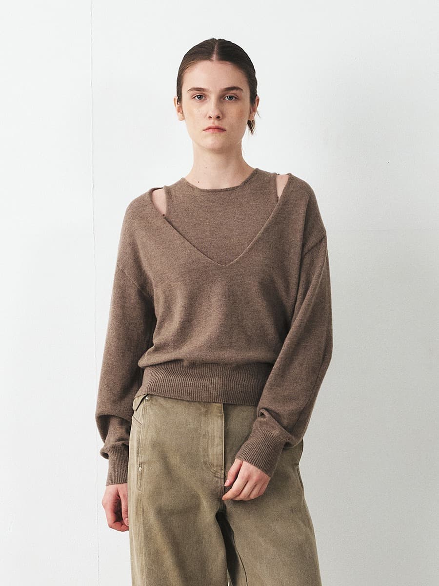TFF DEEP V-NECK LAYERD KNIT TOP_L-BROWN