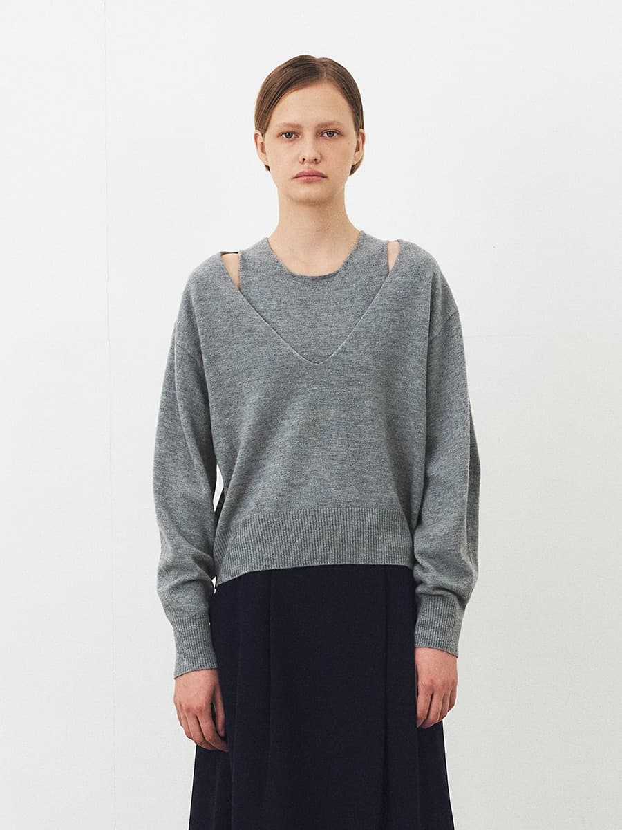 TFF DEEP V-NECK LAYERD KNIT TOP_GREY