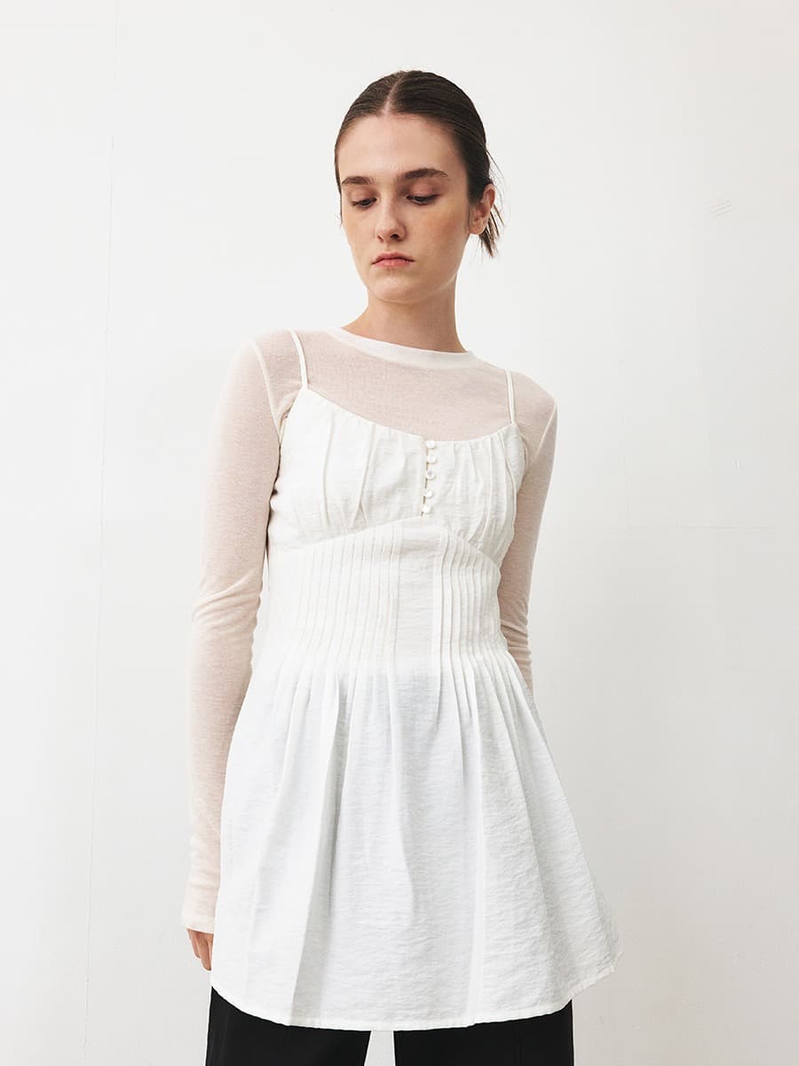 TFF PINTUCK SLEEVELESS SHORT DRESS_ WHITE