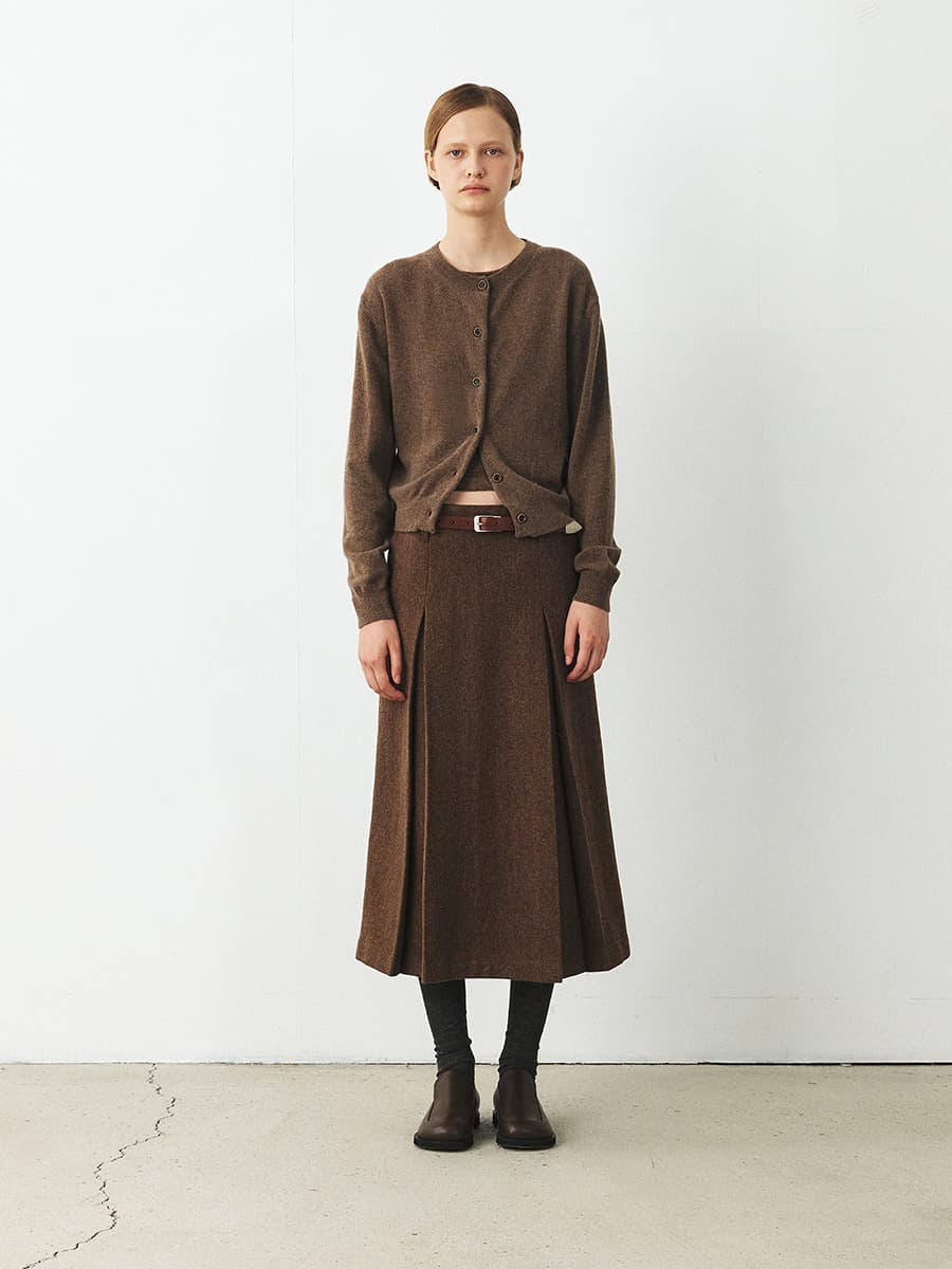 TFF HERRINGBONE WOOL TUCK SKIRT_BROWN