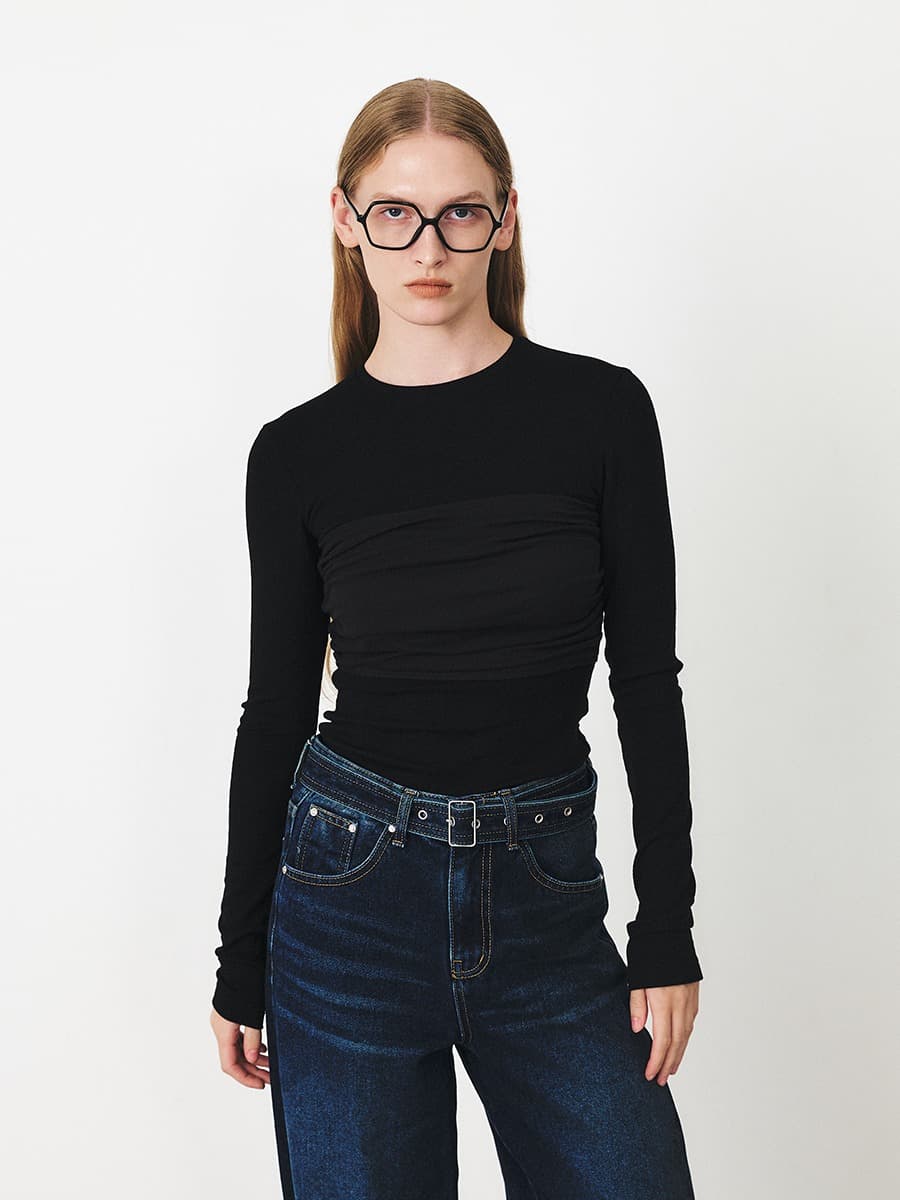 TFF SHIRRED TUBE LAYERED TOP_BLACK