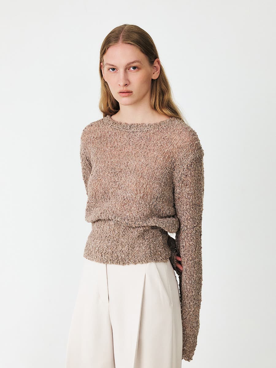 TFF ROUNDLY TEXTURE BLOUSON KNIT TOP_BROWN