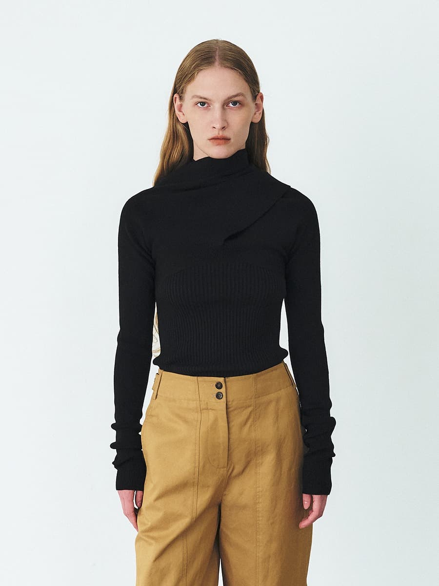 TFF DRAPED MUFFLER KNIT TOP_BLACK