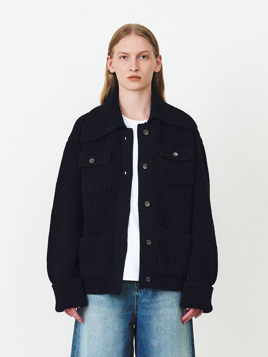 TFF COTTON COLLAR KNIT JACKET_MUILT NAVY